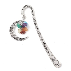 Moon Tibetan Style Bookmarks, with Gemstone Beads, Antique Silver, Moon, 122x23x2.5mm, Pendant: 40.5x34.5x10mm