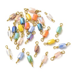 Mixed Color Faceted Glass Connector Charms, with Raw(Unplated) Brass Double Loops, Rectangle, Mixed Color, 15x4x3.5mm, Hole: 1.6mm