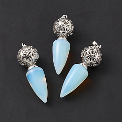 Opalite Opalite Big Pendants, Cone Charms with Rack Plating Brass Hollow Ball, Platinum, Cadmium Free & Lead Free, 57~58x17.5~18mm, Hole: 8x5mm