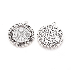 Antique Silver Tibetan Style Pendant Cabochon Settings, Cadmium Free & Lead Free, Flower, Antique Silver, 43x39x3mm, Hole: 3mm, Tray: 25mm