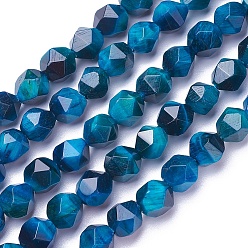 Prussian Blue Natural Tiger Eye Beads Strands, Dyed, Faceted Round, Prussian Blue, 7~8x7.5~8mm, Hole: 0.8mm, about 47~49pcs/strand, 15.3 inch(39cm)
