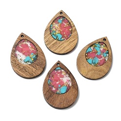 Old Rose Wood & Resin Pendant, with Gold Foil, Teardrop Charms, Old Rose, 38x25.5x3mm, Hole: 2mm