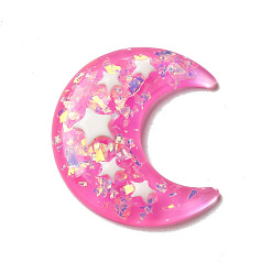 Deep Pink Translucent Resin Cabochons, Moon with Star Paillette, Deep Pink, 36x32.5x6mm
