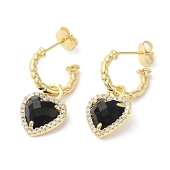 Noir Boucles d'oreilles pendantes en forme de cœur en verre avec zircone cubique, bijoux en laiton plaqué or véritable 18k pour femmes, noir, 32~32.5x13~13.5mm