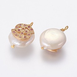 Cancer Pendentifs de perles d'eau douce de culture naturelle, avec accessoires zircon cubique micro pave en laiton, pépites avec constellation, or, fuchsia, cancer, 17~22x11~16x5~11mm, Trou: 1.6mm