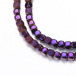 Purple Plated Electroplate Non-magnetic Synthetic Hematite Bead Strands, with Matte Style, Cube, Purple Plated, 3x3x3mm, Hole: 1mm, about 142pcs/strand, 15.7 inch