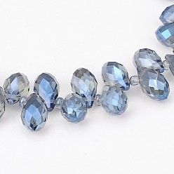 Steel Blue Electroplate Glass Beads Strands, Top Drilled Beads, Faceted Teardrop, Full Rainbow Plated, Steel Blue, 13x8mm, Hole: 0.8mm, about 98pcs/strand, 20 inch