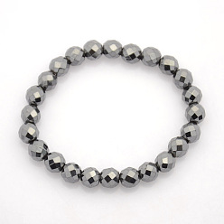 Black Non-Magnetic Hematite Stretch Bracelets, Faceted Round, Black, 65mm, Beads: 4mm