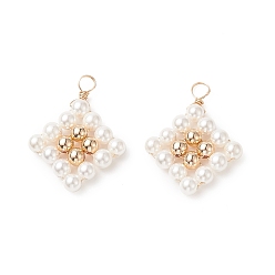 Oro Colgantes de perlas de concha, con fornituras de latón, encantos de rombos, dorado, 27x21x4 mm, agujero: 3.5 mm