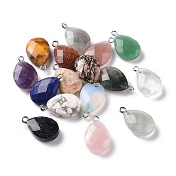 Mixed Stone Natural & Synthetic Mixed Gemstone Pendants, Faceted Teardrop Charms, with Stainless Steel Color Tone Stainless Steel Loops, 22x13x6.5~8mm, Hole: 2mm