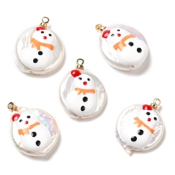 Snowman Baroque Style Natural Keshi Pearl Pendants with Enamel, Christmas Flat Round Charms with Golden Tone Brass Pendant Bails, Seashell Color, Snowman, 21~23x16~17.5x4~7.5mm, Hole: 1.2mm