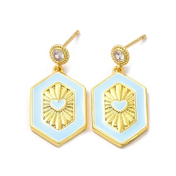 Sky Blue Brass Micro Pave Cubic Zirconia Stud Earrings, Enamel Hexagon with Heart Dangle Earring for Women, Real 18K Gold Plated, Lead Free & Cadmium Free, Sky Blue, 29mm, Pin: 1mm