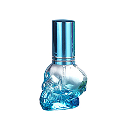 Deep Sky Blue Glass Spray Bottles, with Aluminum Lid, Skull, Deep Sky Blue, 3.5x2.7x6.7cm, Capacity: 8ml(0.27fl. oz)