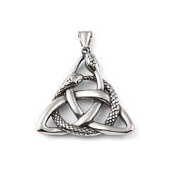 Antique Silver 304 Stainless Steel Pendants, with 201 Stainless Steel Snap on Bails, Trinity Knot with Snake Charm, Antique Silver, 43.5x43x5mm, Hole: 9x4mm