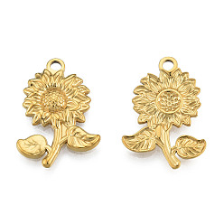 Real 18K Gold Plated Ion Plating(IP) 201 Stainless Steel Pendants, Sunflower, Real 18K Gold Plated, 26x18x2.5mm, Hole: 2mm
