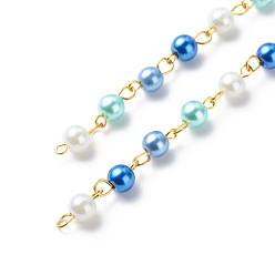 Blue Handmade Glass Pearl Beaded Chains, with Brass Eye Pins, Unwelded, Blue, 13x6mm, about 3.28 Feet(1m)/Strand