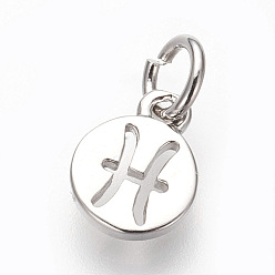 Pisces Brass Charms, Lead Free & Cadmium Free, Flat Round with Constellations, Platinum, Pisces, 9.5x7x1mm, Hole: 3mm