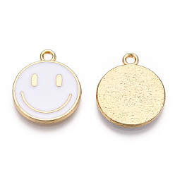 White Light Gold Tone Alloy Enamel Pendants, Flat Round with Smiling Face Charms, White, 19x16x1.5mm, Hole: 1.8mm