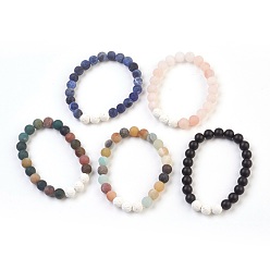 Mixed Stone Natural Gemstone and Natural Dyed Lava Rock Stretch Bracelets Sets, Frosted, Round, 2-1/8 inch(5.5cm), 5pcs/set