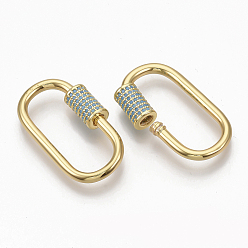 Golden Brass Micro Pave Turquoise Cubic Zirconia Screw Carabiner Lock Charms, for Necklaces Making, Oval, Golden, 29.5x17x2.5mm, Screw: 9.5x5.5mm