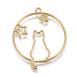 Golden Zinc Alloy Kitten Open Back Bezel Pendants, for DIY UV Resin, Epoxy Resin, Pressed Flower Jewelry, Flat Round with Cat and Star, Golden, 43x35.5x2mm, Hole: 2mm