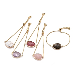 Mixed Stone Adjustable Brass Bolo Bracelets, Slider Bracelets, with Cubic Zirconia, Natural Gemstone Links, Oval, Golden, Inner Diameter: 2-3/4 inch(7.1cm)
