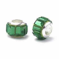 Vert Perles européennes en verre, Perles avec un grand trou   , avec ame en laiton, facette, rondelle, couleur argent plaqué, verte, 9x7mm, Trou: 5mm