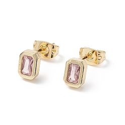 Pale Violet Red Cubic Zirconia Rectangle Stud Earrings, Real 18K Gold Plated Brass Jewelry for Women, Cadmium Free & Nickel Free & Lead Free, Pale Violet Red, 7x5mm, Pin: 0.9mm