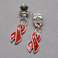 Red Alloy Enamel European Dangle Charms, Large Hole Pendants, Awareness Ribbon, Silver, Red, 30mm, Hole: 5mm