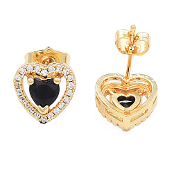 Черный Серьги-гвоздики в форме сердца из кубического циркония, золотые латунные украшения для женщин, без никеля , чёрные, 10x10.5 мм, штифты : 0.7 мм