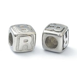 Letter R 304 acier inoxydable perles européennes, Perles avec un grand trou   , trou horizontal, cube avec la lettre, couleur inox, letter.r, 8x8x8mm, Trou: 4mm