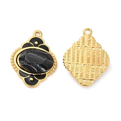 Black Enamel Pendants, with 304 Stainless Steel Finding and Acrylic Cabochon, Real 18K Gold Plated, Rhombus Charm, Black, 24.5x18.5x5.5mm, Hole: 1.5mm