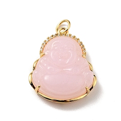 Pink Natural Dyed Jade Pendants, with Rack Plating Real 18K Gold Plated Brass Findings and Jump Ring, Laughing Buddha, Cadmium Free & Nickel Free & Lead Free, Pink, 24x19x7.5mm, Jump Ring: 5x0.7mm, Hole: 3.4mm