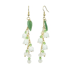 Green Glass Flower Dangle Earrings, Brass Chains Tassel Earrings, Green, 90~91mm