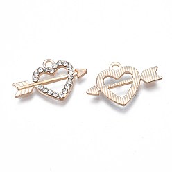 Light Gold Alloy Pendants, with Crystal Rhinestone, Cadmium Free & Nickel Free & Lead Free, Heart with Arrow, Light Gold, 15.5x24x2mm, Hole: 1.8mm