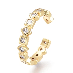 Golden Brass Micro Pave Clear Cubic Zirconia Cuff Rings, Open Rings, Long-Lasting Plated, Square with Rhombus, Golden, US Size 7(17.3mm)