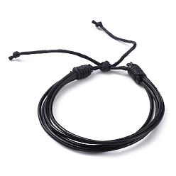 Black Adjustable Unisex Cowhide Leather Cord Bracelets, with Waxed Cotton Cord, Black, 2 inch~2-7/8 inch(5.25~7.35cm)
