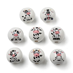 Blanc Perles européennes en bois naturel peintes à la bombe, rond avec motif de vache mixte, blanc, 16x15mm, Trou: 4mm