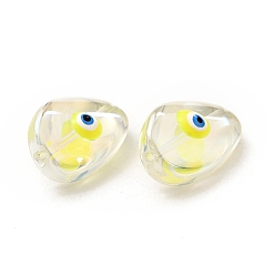 Jaune Des billes de verre transparentes, avec l'émail, larme avec motif mauvais œil, jaune, 18.5x12.5x8mm, Trou: 1.2mm