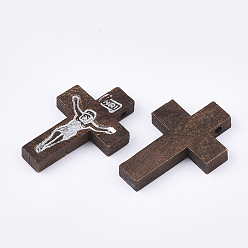 Brun De Noix De Coco Pendentifs en bois imprimées, crucifix croix, pour Pâques, teint, brun coco, 32.5~33.5x21~22x4.5mm, Trou: 2mm
