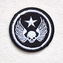 Black Computerized Embroidery Cloth Iron on/Sew on Patches, Costume Accessories, Appliques, Flat Round with Skull & Wings & Star, Black, 55mm