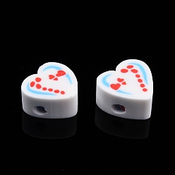 Blanc Perles en fimo faits à la main, cœur, blanc, 8~11x9~10.5x4~5mm, Trou: 1.2~1.6mm