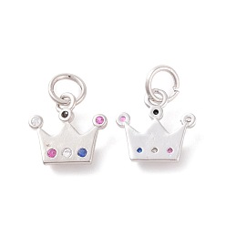 Platinum Brass Micro Pave Cubic Zirconia Charms, Crown, Colorful, Platinum, 12.5x13x1.5mm, Hole: 4mm