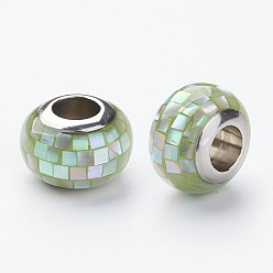 Pale Green 304 Stainless Steel Resin European Beads, with Shell and Enamel, Rondelle, Large Hole Beads, Pale Green, 12x8mm, Hole: 5mm