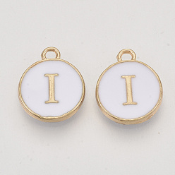 Letter I Golden Plated Enamel Alloy Charms, Enamelled Sequins, Flat Round, White, Letter.I, 14x12x2mm, Hole: 1.5mm, 100pcs/Box
