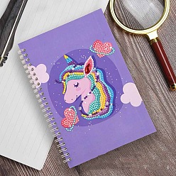 Púrpura Media Kits de cuadernos de pintura de diamante diy con patrón de unicornio, Incluye bolsa de pedrería de resina., bolígrafo adhesivo de diamante, plato de bandeja y arcilla de cola, púrpura medio, 210x140 mm