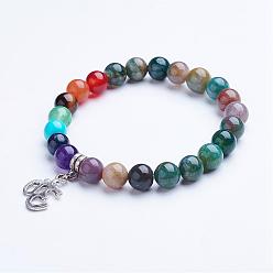 Indian Agate Natural Indian Agate Beaded Stretch Bracelets, Charm Bracelets, with Alloy Findings, Om Symbol, Platinum, 1-5/8 inch(40.5mm)