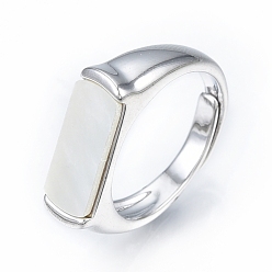 Real Platinum Plated Natural Shell Rectangle Adjustable Ring, Brass Signet Ring for Women, Nickel Free, Real Platinum Plated, US Size 6(16.5mm)