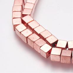 Rose Gold Plated Non-Magnetic Synthetic Hematite Bead Strands, Cube, Rose Gold Plated, 4x4x4mm, Hole: 1mm, about 94pcs/strand, 15.7 inch(40cm)