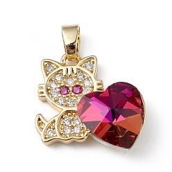 Deep Pink Real 18K Gold Plated Rack Plating Brass Micro Pave Cubic Zirconia Pendants, with Glass, Long-Lasting Plated, Cadmium Free & Lead Free, Cat with Heart, Deep Pink, 21x19.5x7.5mm, Hole: 3.5x5mm